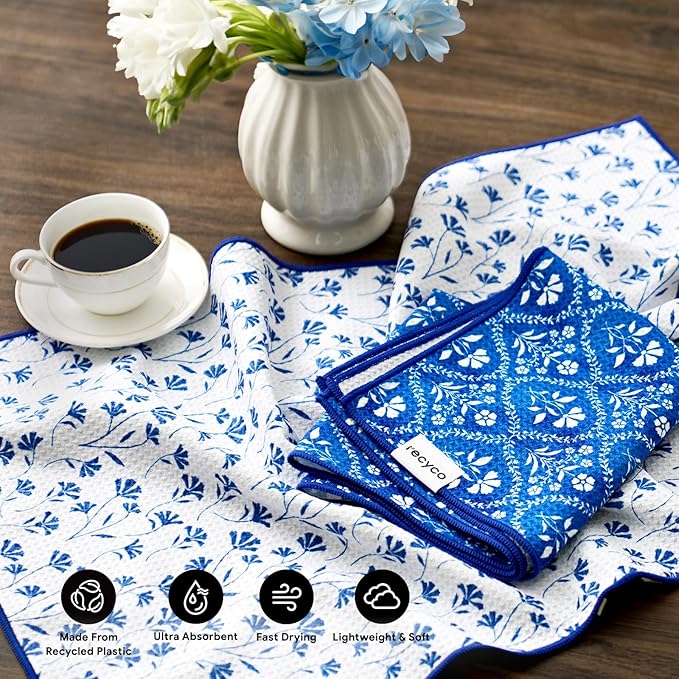 RECYCO Waffle Kitchen Towel Set of 2 - Quick Dry Microfiber Sustainable Dish Towels - Ultra Absorbent Reusable Cleaning Tea Towels - Lightweight Hand Towels,16”x 28”, Coastal Bliss