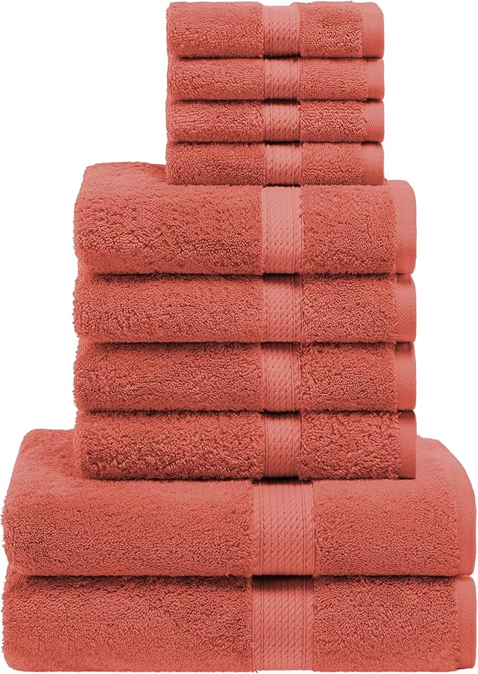SUPERIOR Egyptian Cotton Pile 10 Piece Towel Set, Includes 2 Bath, 4 Hand, 4 Face Towels/Washcloths, Ultra Soft Luxury Towels, Thick Plush Essentials, Guest Bath, Spa, Hotel Bathroom, Coral