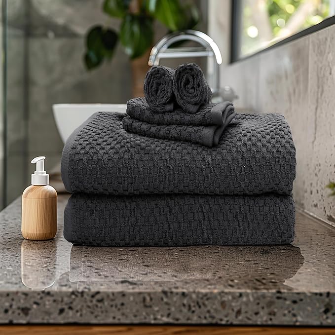 COTTON CRAFT Waffle 6 Piece Towel Set - 100% Cotton - 2 Oversized Luxury Euro Spa Waffle Weave Large Bath Towels, 2 Hand Towels, 2 Washcloth - Absorbent Quick Dry Hotel Bathroom Shower Pool - Charcoal