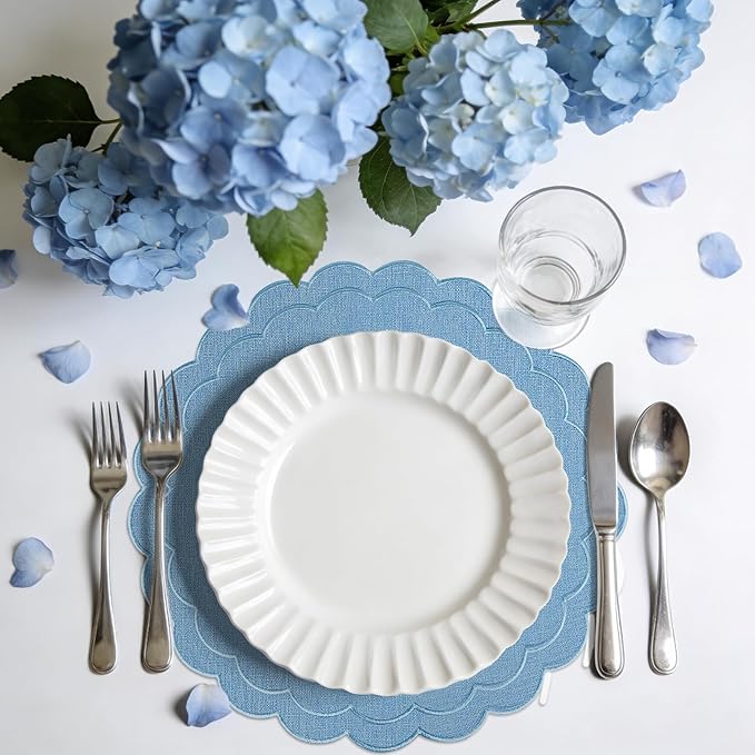 Set of 6 Blue Cotton Linen Placemats, 15x15 Scalloped Flower Embroidery Cloth Table Mats Double Layered Fabric Machine Washable Wrinkle Free Dining Placemat for Hotel Restaurant Kitchen Decor