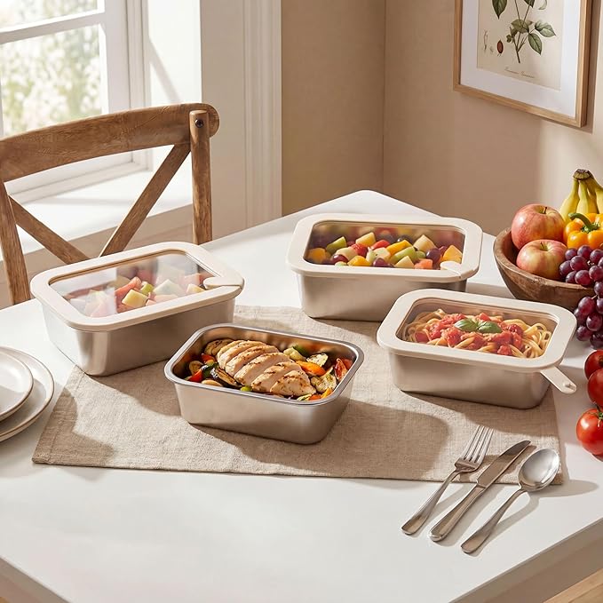 Stainless Steel Food Containers with Glass Lid, Airtight Leakproof Stainless Steel Storage Containers in set of 4, Rectangle Shape, Microwave Safe Food Container Set, 100% Plastic Free, BPA Free