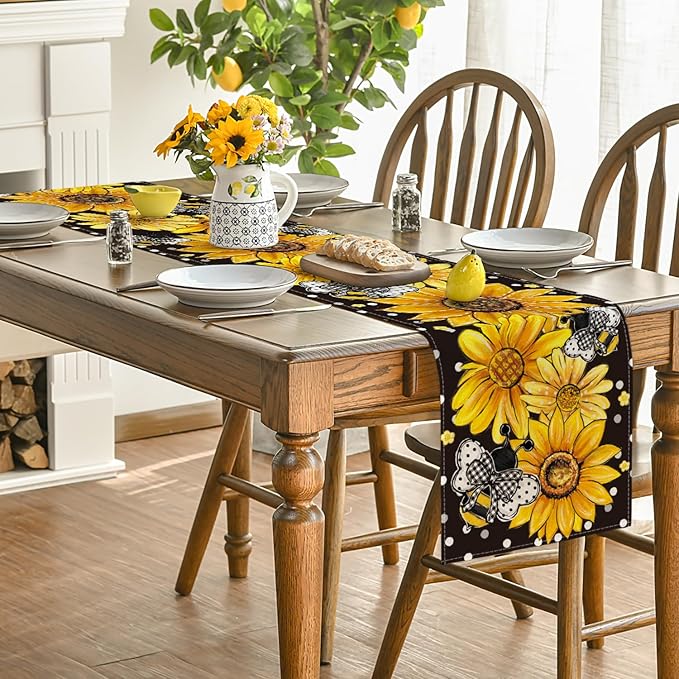 Artoid Mode Black Sunflower Bee Flower Polka Dot Summer Table Runner, Seasonal Kitchen Dining Table Decoration for Indoor Party Home 13x72 Inch