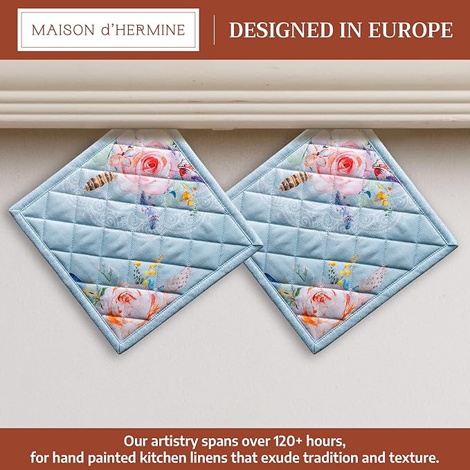 Maison d' Hermine Pot Holders 100% Cotton Heat Resistant Potholders 8" x 8" Hot Pads with Loop BBQ Cooking Baking Gifts for Mothers Day Handling Hot Pans Spring/Summer (Pack of 2, Ibiza - Blue)