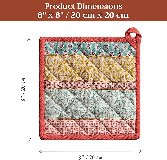 Maison d' Hermine Pot Holders 100% Cotton Heat Resistant Potholders 8" x 8" Hot Pads with Loop BBQ Cooking Baking Gifts for Mothers Day Handling Hot Pans Spring/Summer (Pack of 2, Provence)