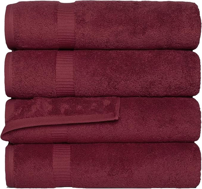 SALBAKOS 100% Turkish Cotton Bath Towel Set of 4 27x54 inch | Heirloom Quality | Hotel & Spa Collection | Ultra Soft, Super Absorbent, Long Lasting Bath Towels | Made in Turkey (Wine, 4 Bath Towels)