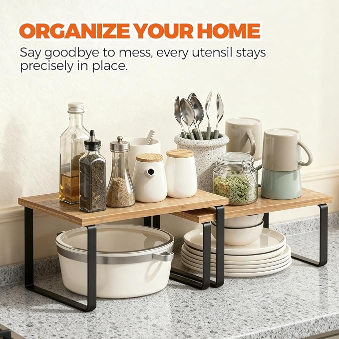 Cabinet Organizer Shelf - 2 Pack Wood Kitchen Organizer, Upgraded Cabinet Organizer Shelf for Kitchen Storage, Countertop, Spice Rack, Stackable, Expandable, Ink Black and Natural Beige