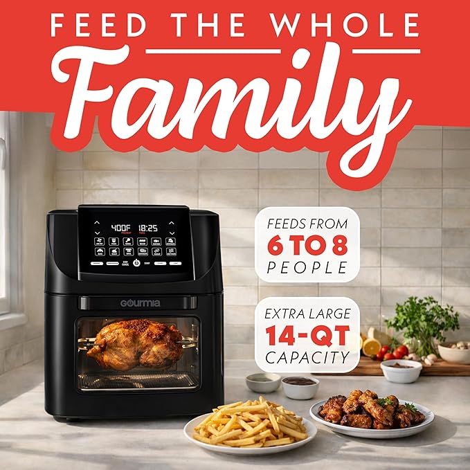 Gourmia Air Fryer - 14 Qt All-in-One Oven with Rotisserie, Digital Display with 12 Presets, Roast, Bake, Broil, Dehydrate, Dishwasher Safe Accessories, Black
