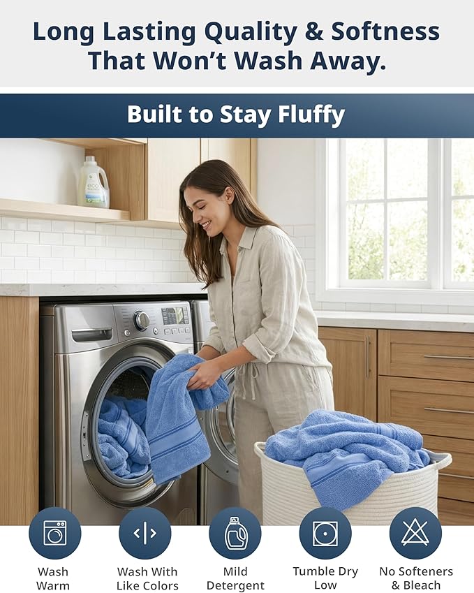 LANE LINEN Premium Bath Towel Set of 12 – 100% Cotton Towels for Bathroom, 4 Bath, 4 Hand Towels & 4 Washcloths, Zero Twist, Ultra Soft, Quick-Dry, Ideal for Spa, Hotel & Everyday Use – Cerulean Blue