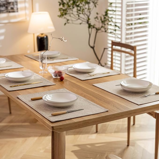 Demetex Linen Placemats Set of 4 Heat Resistant Cloth Place Mats Wipeable Fabric Placemats for Dining Table Indoor Restaurants, 13 x 19 inches, Linen