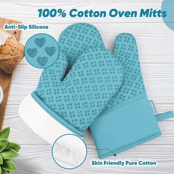 Oven Mitts and Pot Holders 4 Sets, Heat Resistant 500 ℉ Oven Mitt and Pot Holder,Oven Glove&Potholders with Non-Slip Silicone Surface,Kitchen Essentials for Cooking/Baking/BBQ-Lake Blue