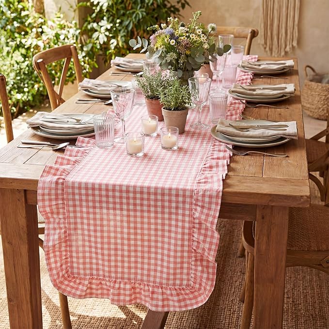 HunnmingRe 1 Pcs Pink Plaid Gingham Ruffle Table Runner 118 x 13.8'' Farmhouse Table Runner 100% Cotton Scalloped Long Dresser Scarves for Dining Room, Wedding, Kitchen Rustic Home Decor