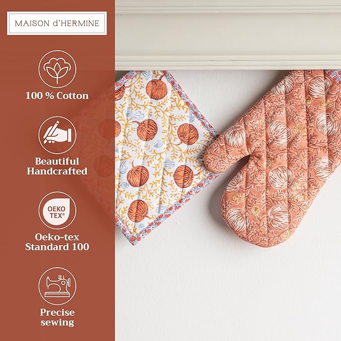 Maison d' Hermine 100% Cotton Oven Mitt & Pot Holder Set (7.5"x13" & 8"x8") Heat Resistant BBQ Cooking Gloves with Loop for Thanksgiving Christmas Decorations Handling Hot Pans (Harvest Festival)