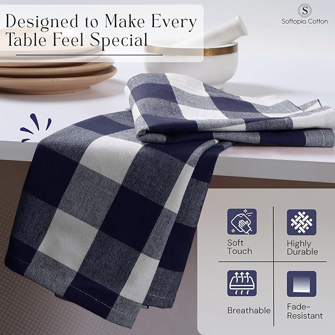 Buffalo Checked Cloth Napkins, 16x16 inch, Washable, Absorbent, Soft, Elegant Table Decorative Napkins for Luncheon, Dinner, Party, Wedding, Everyday Use - Navy White (Set of 4)