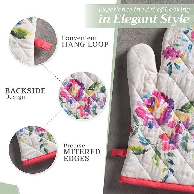 Maison d'Hermine Oven Gloves 100% Cotton Oven Mitt 7" x 13" with Loop Heat Resistant BBQ Cooking Gloves Baking Grilling Gifts for Mothers Day Spring/Summer (Pack of 1, Rose Garden)