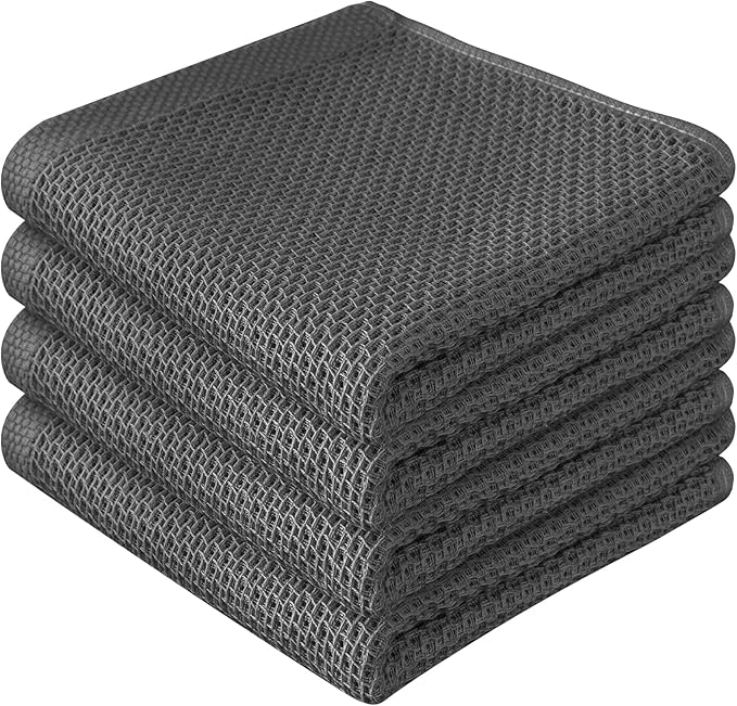 100% Cotton Waffle Weave Kitchen Towels, 4 Pack Dish Cloths for Washing Dishes, Ultra Soft Absorbent Dish Towels, Quick Drying Kitchen Rags, 13x28 Inches, Dark Grey