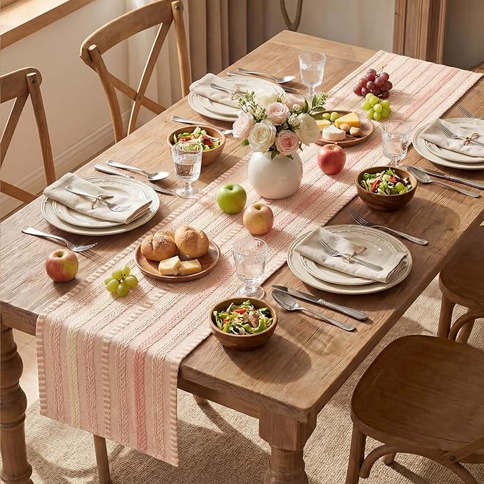 Artoid Mode Pink Farmhouse Woven Table Runner, Seasonal Holiday Rustic Kitchen Dining Table Decoration for Home Party Decor 12x72 Inch