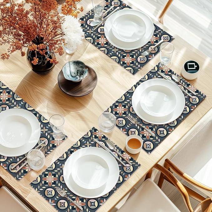 Cotton Linen Waterproof Placemats Set of 4, Boho Bohemia Dining Mat Table Mats Decor Fabric for Kitchen Dinner Coffee Shop Table, Indoor/Outdoor Washable Wipeable Place Mat -N017