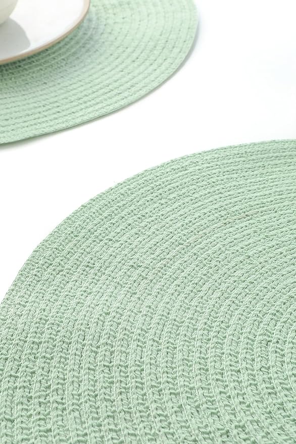 Floroom 15 Inch Round Braided Placemats Set of 4, Washable Heat Resistant Cotton Polyester Circle Place Mats for Kitchen Dining Table - Sage Green