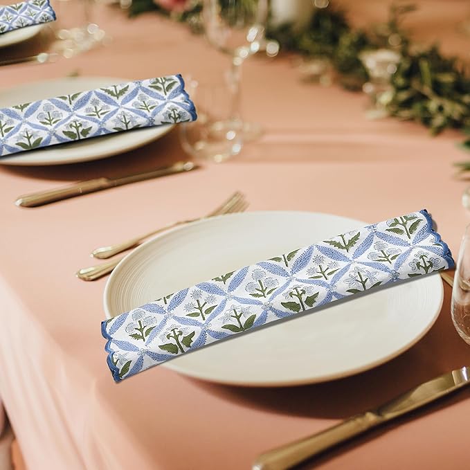 Ridhi Hand Block Print Light Steel Blue 18" x 18" (Set of 4) Embroidery Table Napkins Reusable Cotton Dinner Napkins for Weddings, Parties, Everyday Dining Gift for Spring, Easter, Valentine