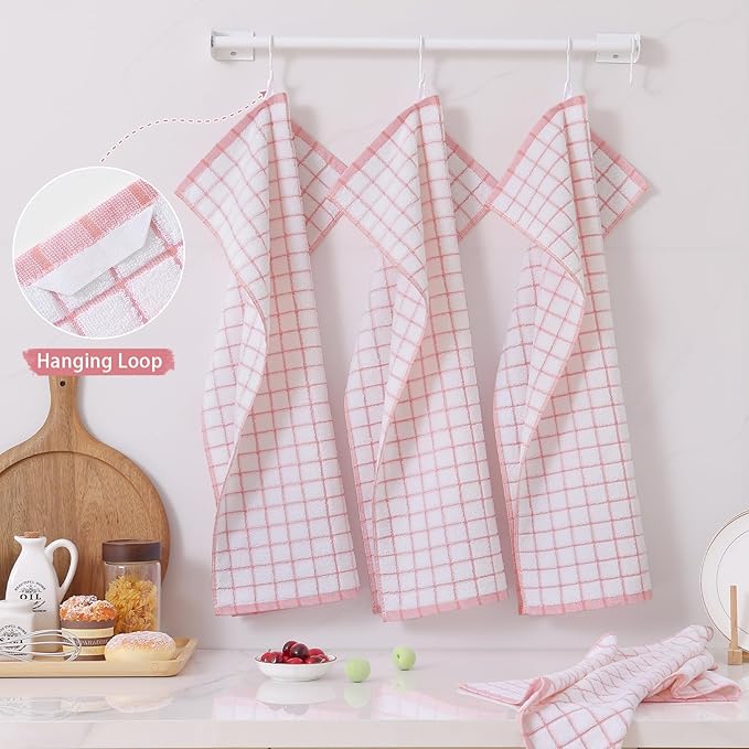 Homaxy Premium Kitchen Towels(16”x 28”, 8 Pack), Large Ring Spun Cotton Dish Towels, Super Absorbent Soft Terry Kitchen Hand Towels, Check Design Tea Towel Set with Hanging Loop, Pink