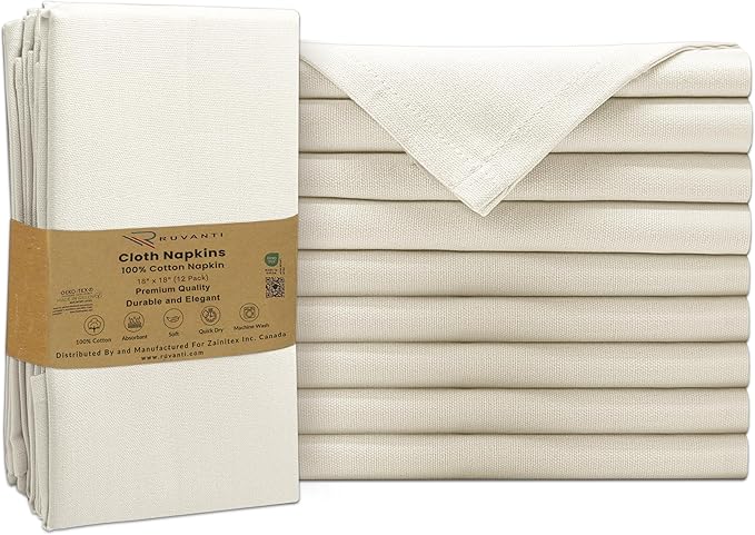 Ruvanti Cloth Napkins Set of 12, 100% Cotton High GSM 18x18 Inches Soft, Washable, Highly Durable & Absorbent, Perfect for Parties, Christmas, Thanksgiving Dinners – Antique White