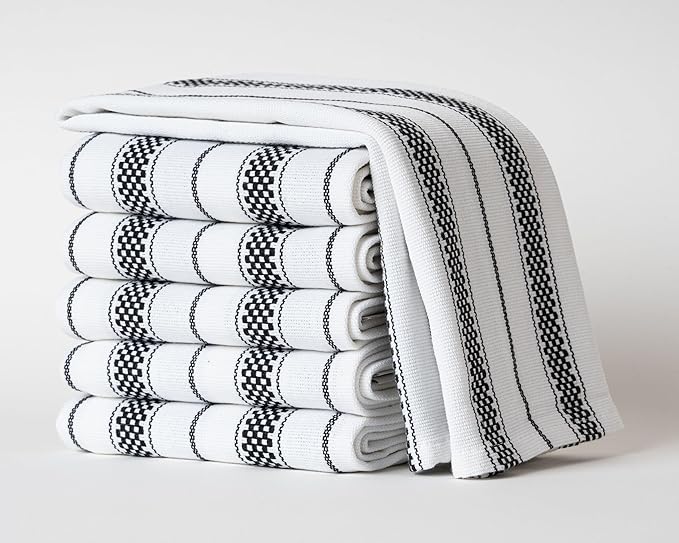 Kitchen Towels Set – Pack of 6 (20’’ x 30’’) Extra Large Premium Cotton Dish Towels for Kitchen – Chain Stripe Towels – Absorbent – 100% Cotton – with Hanging Loop – Black