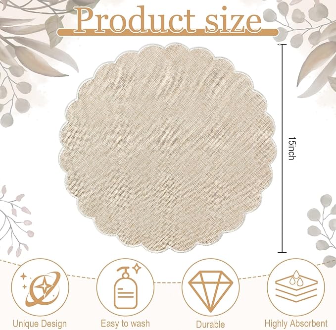 Set of 6 Round Placemats 15 Inch Cotton Scalloped Embroidery Placemat Washable Double Layered Rustic Dinner Table Mat Decor Fabric for Hotel Restaurant Kitchen (Beige/White,Classic)