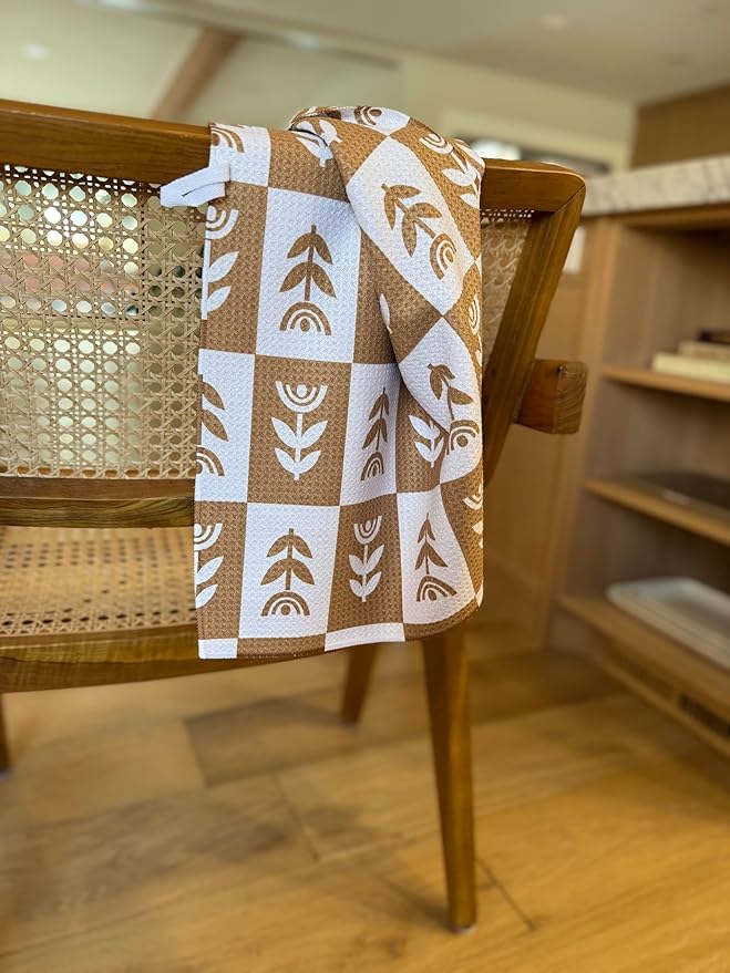 2 Pack || Double Sided|| Not Your Ordinary Kitchen Towels || Dish Towels || Quick Dry || Waffle Weave Microfiber || Designer Prints || Highly Absorbent || Hanging Hook (tan Checkered)