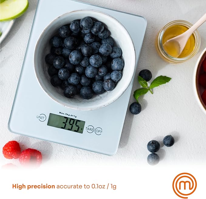 MasterChef Digital Food Scale Grams and Ounces for Kitchen, Portable Food Weight Scale with LCD Display for Baking & Cooking, Tempered Glass Scales, Weighing Precision of 0.1oz, 11lb Weight Capacity