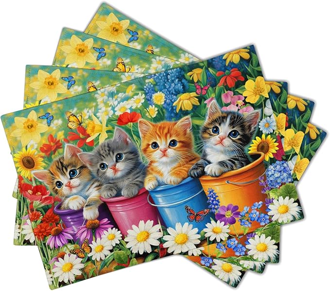 Funny Cats Placemat Set of 4 Colorful Floral Cloth Table Place Mat for Dining Kitchen Party Decor