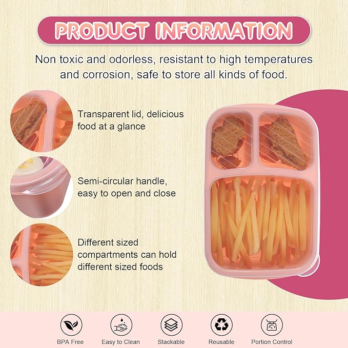 Honeydak 5 Pack Snack Containers 3 Compartment Bento Snack Boxes Divided Meal Prep Containers with Lids Reusable Adults Lunch Food Storage Box for School Work Travel(Rose Purple)