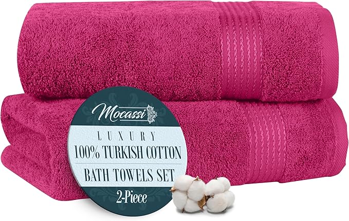 Mocassi Luxury 100% Turkish Cotton 2-Pack Bath Towel Set- Ultra Soft, Quick Dry Highly Absorbent 27 x 54 inch Premium Spa Hotel Quality 2PC Bath Towels - Luxurious Soft Bathroom Towels, Hot Pink