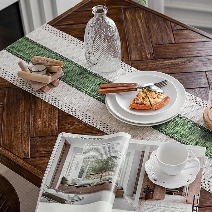 Alynsehom Macrame Table Runner Cream Beige and Green Boho Table Runners with Tassels Hand Woven Cotton Table Runner Rustic Farmhouse Table Runners for Bohemian Kitchen Dining Table(12x36in)