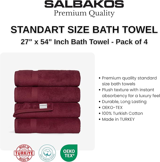 SALBAKOS 100% Turkish Cotton Bath Towel Set of 4 27x54 inch | Heirloom Quality | Hotel & Spa Collection | Ultra Soft, Super Absorbent, Long Lasting Bath Towels | Made in Turkey (Wine, 4 Bath Towels)