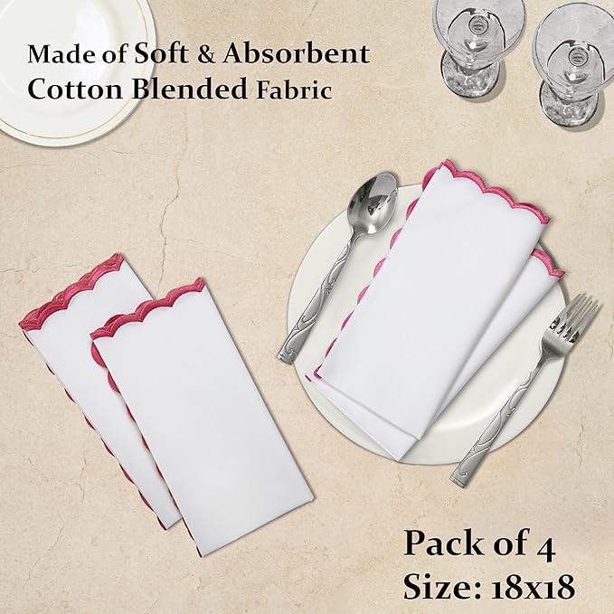 Ridhi Cloth Napkins 100% Pure Cotton Farmhouse Wedding Dinner Napkins Gift for Spring, Easter, Valentine, Holiday, Everyday Napkin (4-18" x 18" White with Pink Edge)