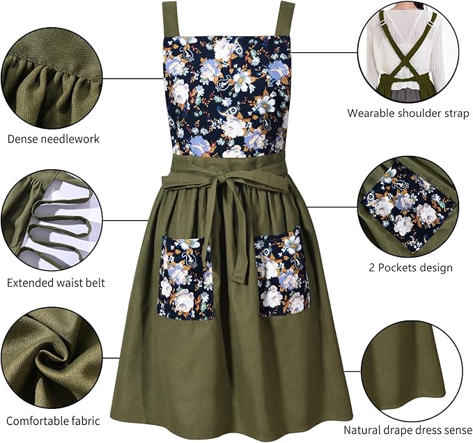 Pinknoke Vintage Pinafore Apron Dress for Women with Pockets Cute Floral Chef Aprons for Kitchen Cooking Baking Gardening