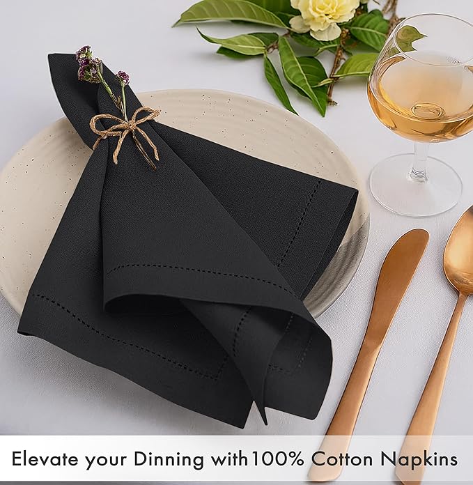Ruvanti Cloth Napkins Set of 12, 100% Cotton High GSM 18x18 Inches, Hem Stitched Corners, Soft, Washable, Durable & Absorbent, Perfect for Parties, Christmas, Thanksgiving Dinners – Black Beauty