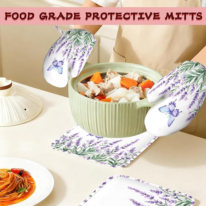 Lavender Heat-Resistant Silicone Oven Mitts and Pot Holders 4 Piece Set,Purple Butterfly Extra Long Non-Slip Kitchen Oven Gloves for Cooking, Baking, BBQ,Grilling