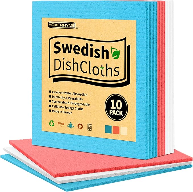 Swedish Dishcloths, 10 Pack Kitchen Towels Dish Rags, Absorbent Swedish Dish Towels for Kitchen, Non-Scratch Cellulose Sponge Cloths, Biodegradable Washable Reusable Paper Towels, Assorted