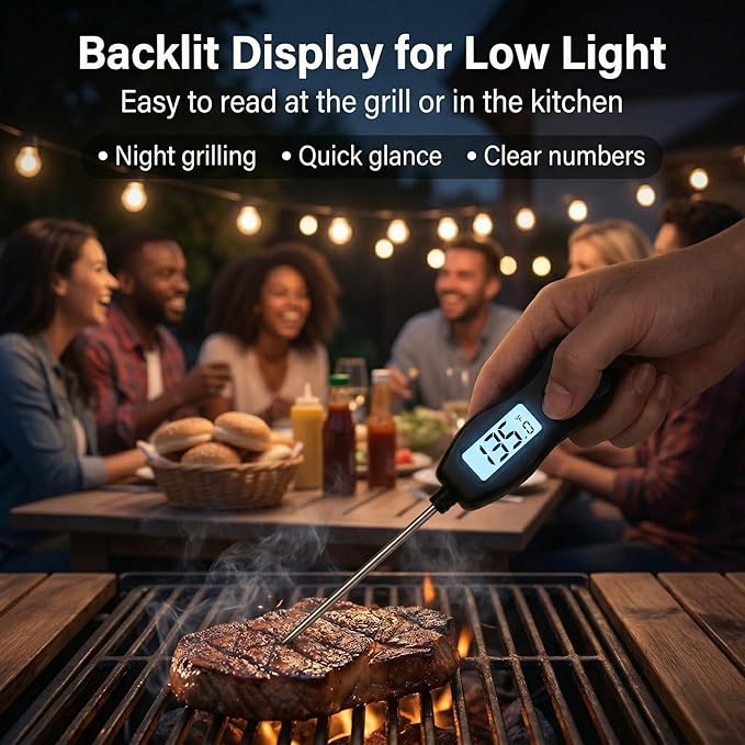 Meat Thermometer Digital with Backlight – Instant Read Food Thermometer Waterproof for Cooking BBQ Grilling Steak Bread Baking Turkey Candy Oil Liquid (Black)