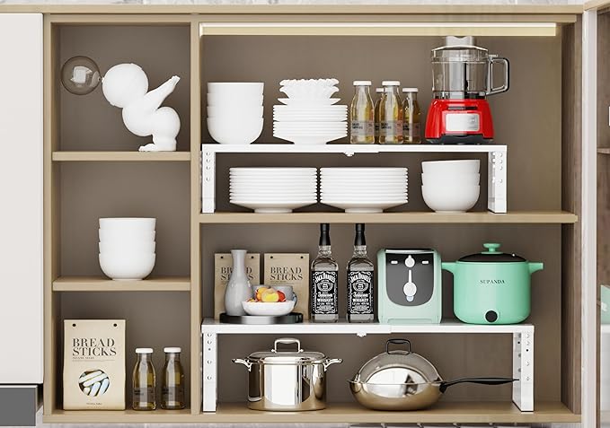 Jojocross Expandable Stackable Spice Rack Organizer for Kitchen Cabinet,Adjustable Counter Shelf, countertop, Pantry,Cupboard,Bathroom,Bedroom(2Packs/White/Large)