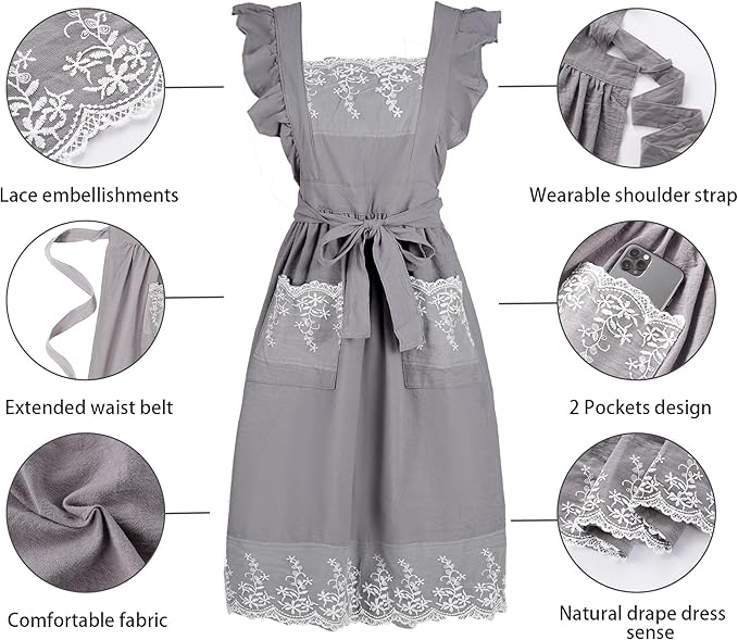 Aoomzoon Vintage Aprons for Women with Pockets Cute Lace Ruffle Adjustable Apron for Cooking Kitchen Baking Gardening