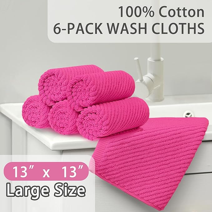 VOOVA & MOVAS Hot Pink Washcloths (6PC, 13"x13") - 100% Cotton | Lightweight | Thick | Quick Dry | Soft | Absorbent, Luxury Towels for Face, Fluffy Wash Cloths for Bathroom, Towel Gift Set, Hot Pink