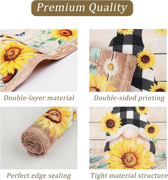 comfoyar Summer Sunflower Gnome Placemats Set of 4, 12x18 Inch Non-Slip Linen Daisy Floral Bee Place Mats, Washable Absorbent Table Mats for Kitchen Dining Party Table Decoration