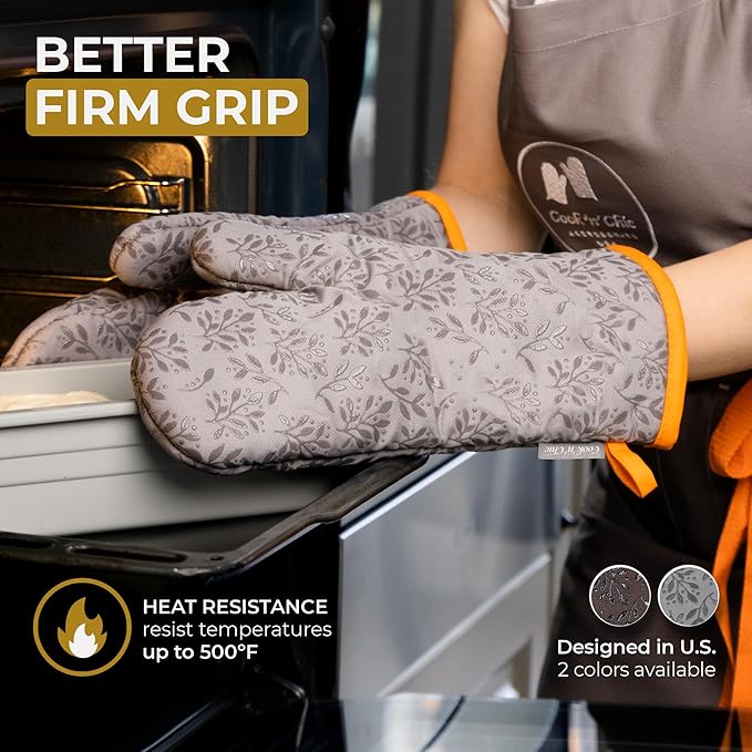 Premium Heat-Resistant Oven Mitts - Stylish and Beautiful - Non-Slip Platinum Silicone Grip - Long and Thick - 100% Natural Cotton Exterior and Soft Terry Cloth Lining - Cook'n'Chic Set of 2 - Gray