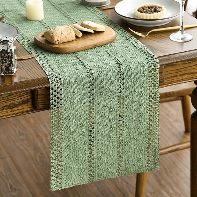 Artoid Mode Light Green Farmhouse Woven Rustic Hollow Table Runner, Seasonal Holiday Hollow Kitchen Dining Table Decoration for Home Party Decor 12x108 Inch