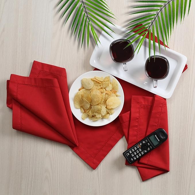 Lightnpro Christmas Red Cotton Napkins Set of 12, Beautiful Handmade Hemstitched Dinner Cloth Napkins, Washable and Reusable for Dining, Parties, Weddings, Holiday & Everyday Use - 18x18 Inch Red