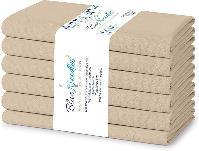 Blue Needles Solid Cloth Napkins Set of 6 Beige 100% Cotton Dinner Napkins 18x18 inches - Spring Summer Easter - Soft, Reusable, Absorbent & Washable Linen, Ideal for Events Parties & Everyday Use