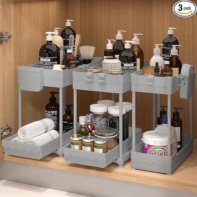 Sevenblue 3 Pack Under Sink Organizers, 2-Tier Multi-Use Kitchen and Bathroom Organizers and Storage with Sliding Drawers, Bathroom Cabinet Organizer (Gray, 12.8 Inch)