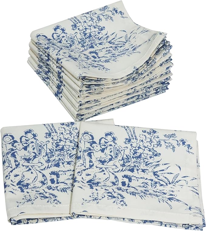 COTTON CRAFT French Country Toile Cloth Cocktail Napkins - Set of 12 - 100% Cotton Bar Napkin for Happy Hour, Beverage, Dessert, Drinks - Holiday Party Gift - 10x10 - Blue